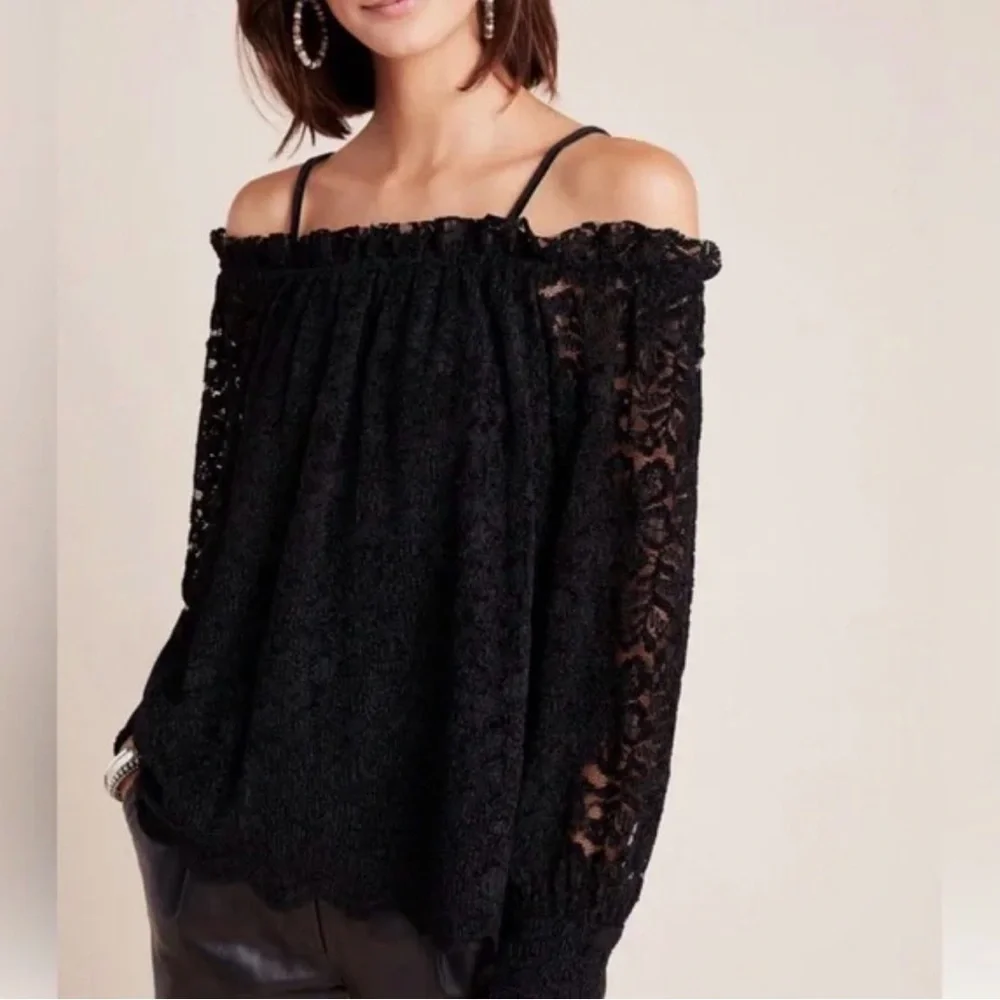 NWT, Anthropologie, Eri + Ali, Black, Lace, Off-Shoulder, Blouse Top‎ | Womens M